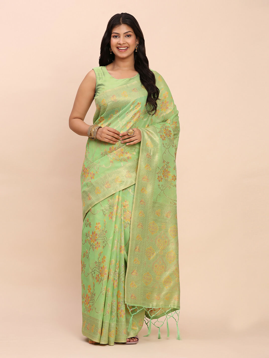 Green Linen Cotton Saree with Matching Blouse Piece