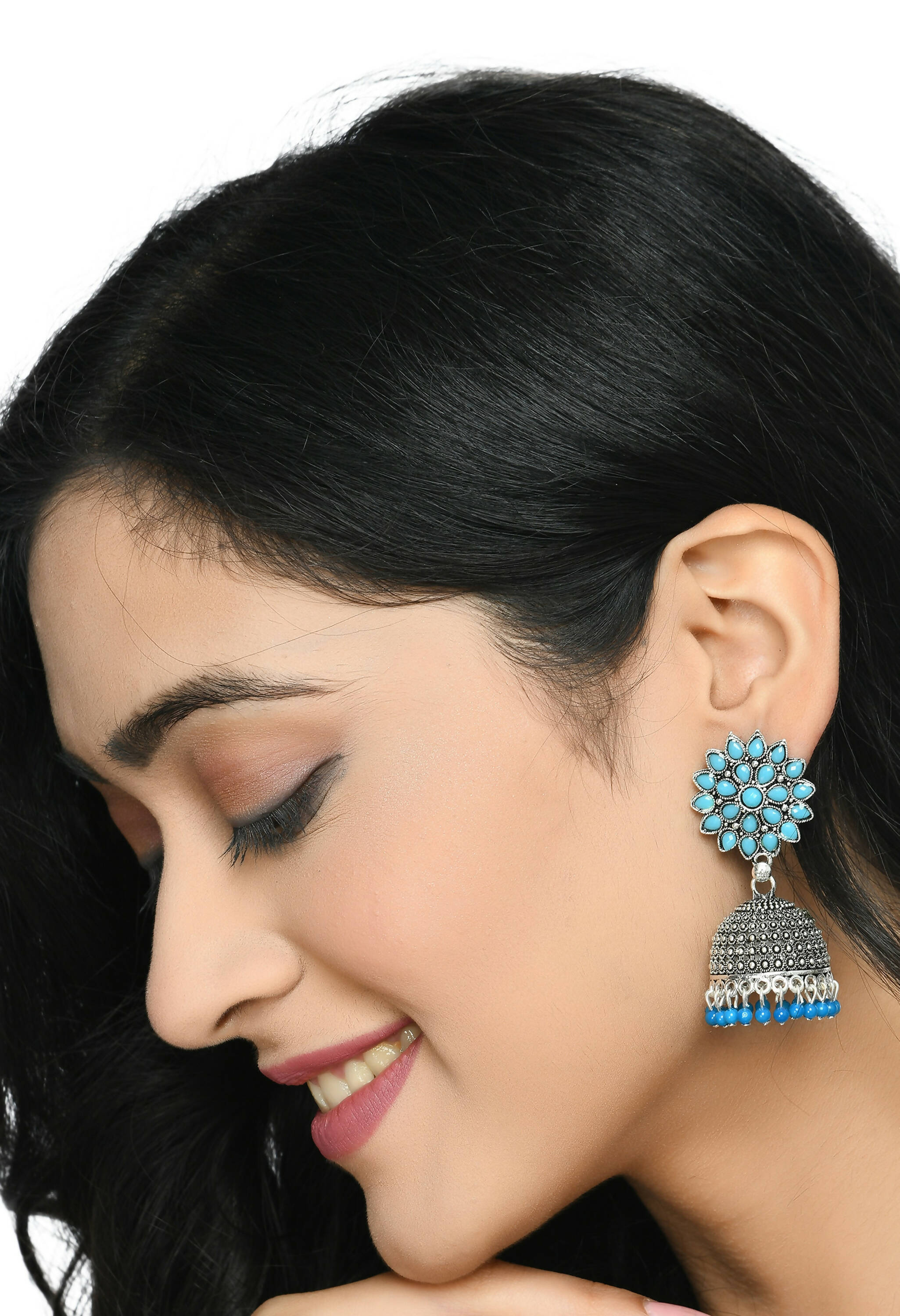 Joharkamal Kundan Jhumka Earrings with Sky Blue Beaded Accents