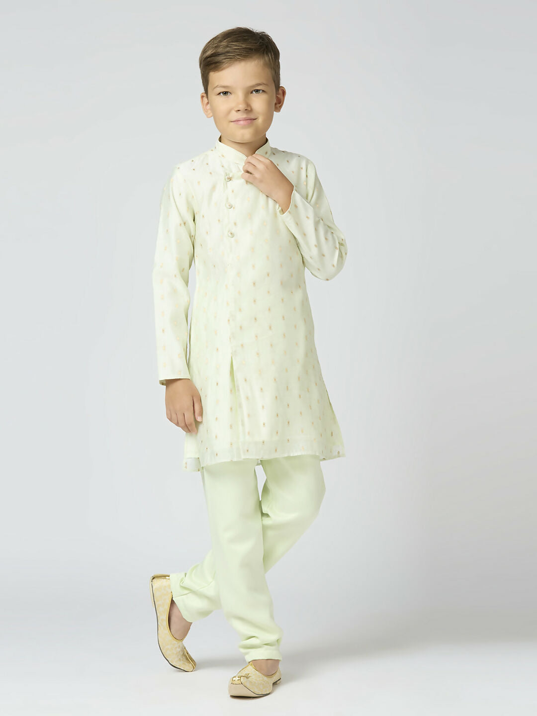 Boys Pista Chanderi Kurta and Pyjama Set with Traditional Butta