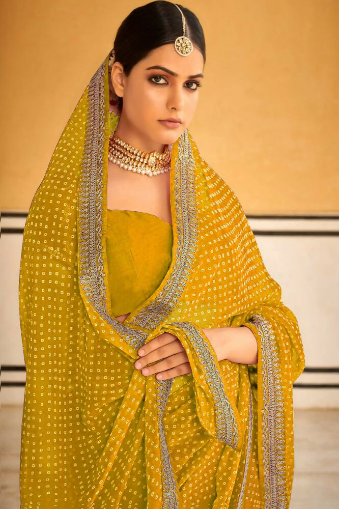 Yellow Georgette Saree with Embroidery Lace Border