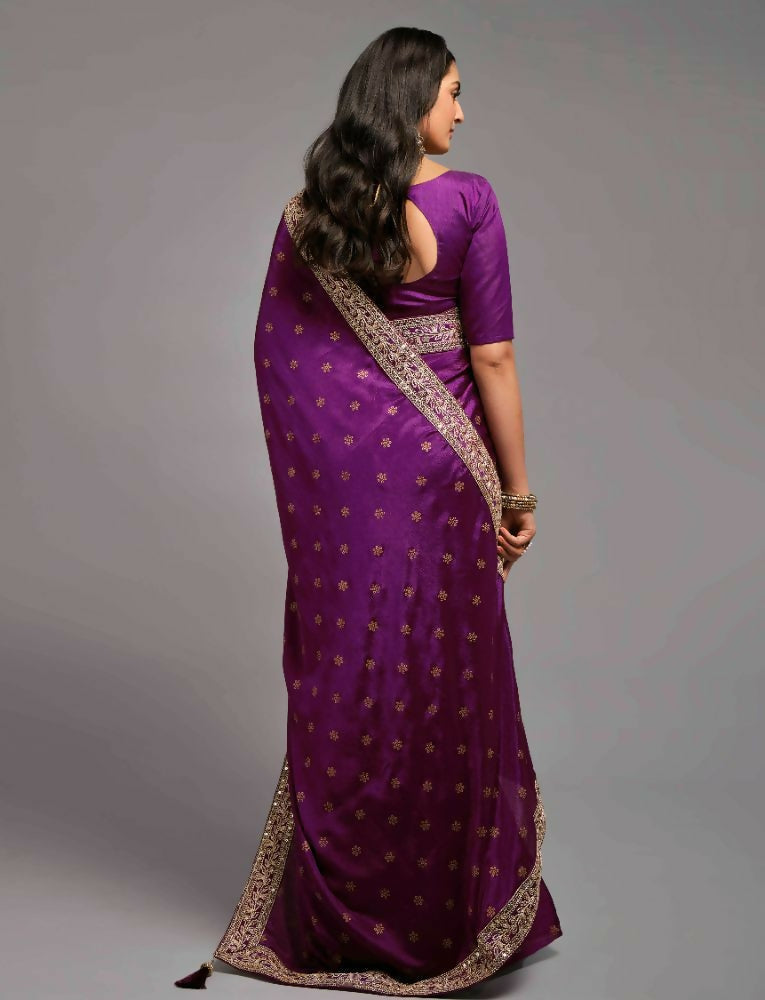Wine Chinon Embroidered Lace Saree with Matching Blouse
