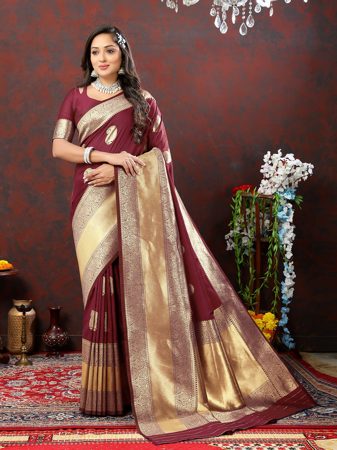 Maroon Soft Silk Saree with Traditional Gold Zari Woven Design