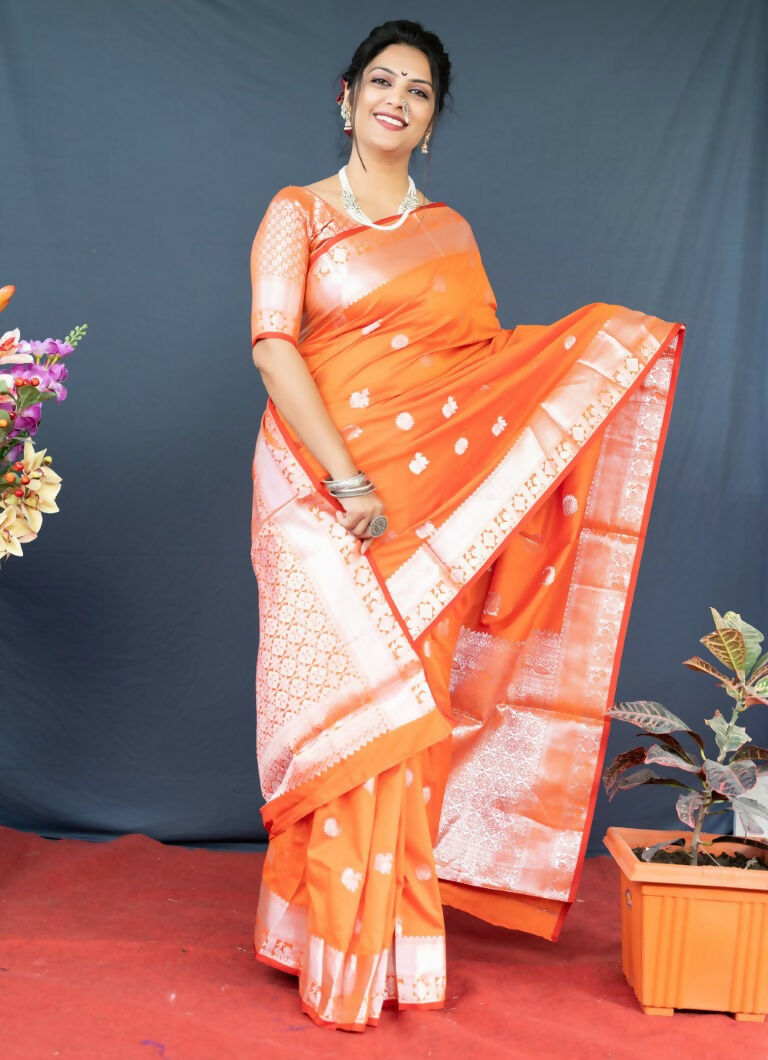 Orange Soft Banarasi Silk Zari Woven Saree with Blouse