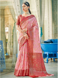 Light Pink Linen Cotton saree with striking Red blouse fabric