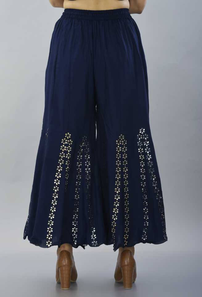Navy Blue Mirror Work Palazzo Pants - Comfortable Wide Leg Bottoms