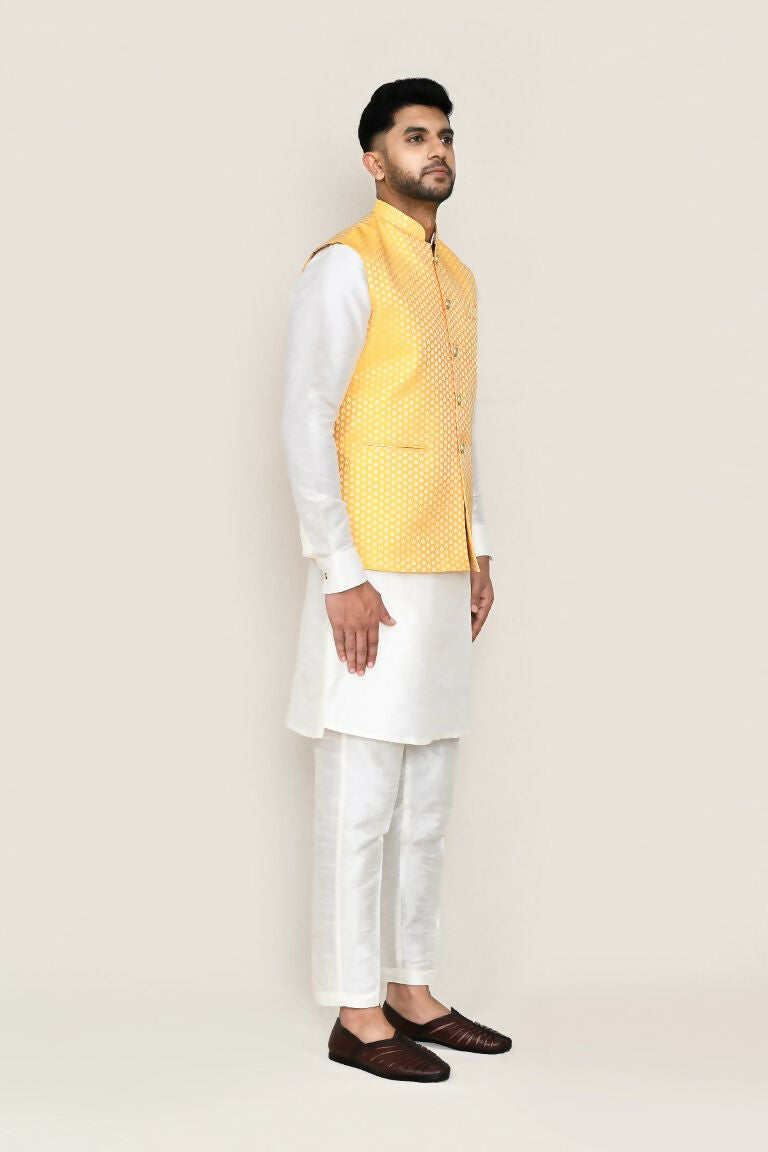 White Art Silk Kurta with Matching Jacket and Straight Fit Pant