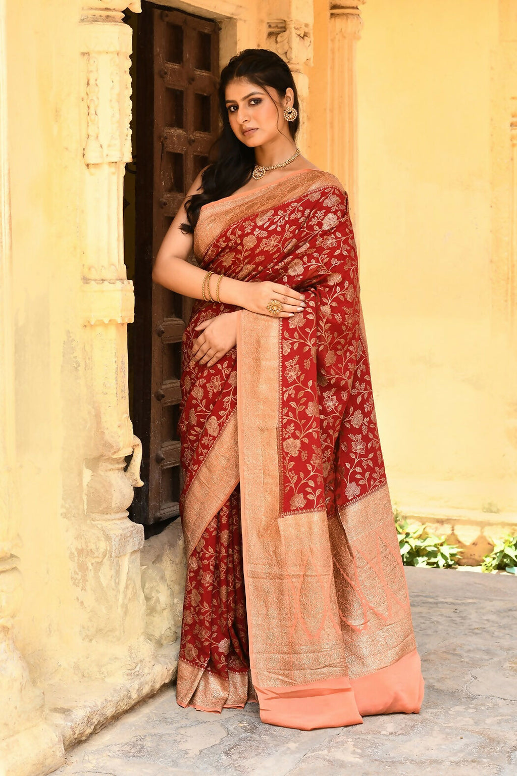 Red Crepe Chiffon Handloom Banarasi Silk Saree