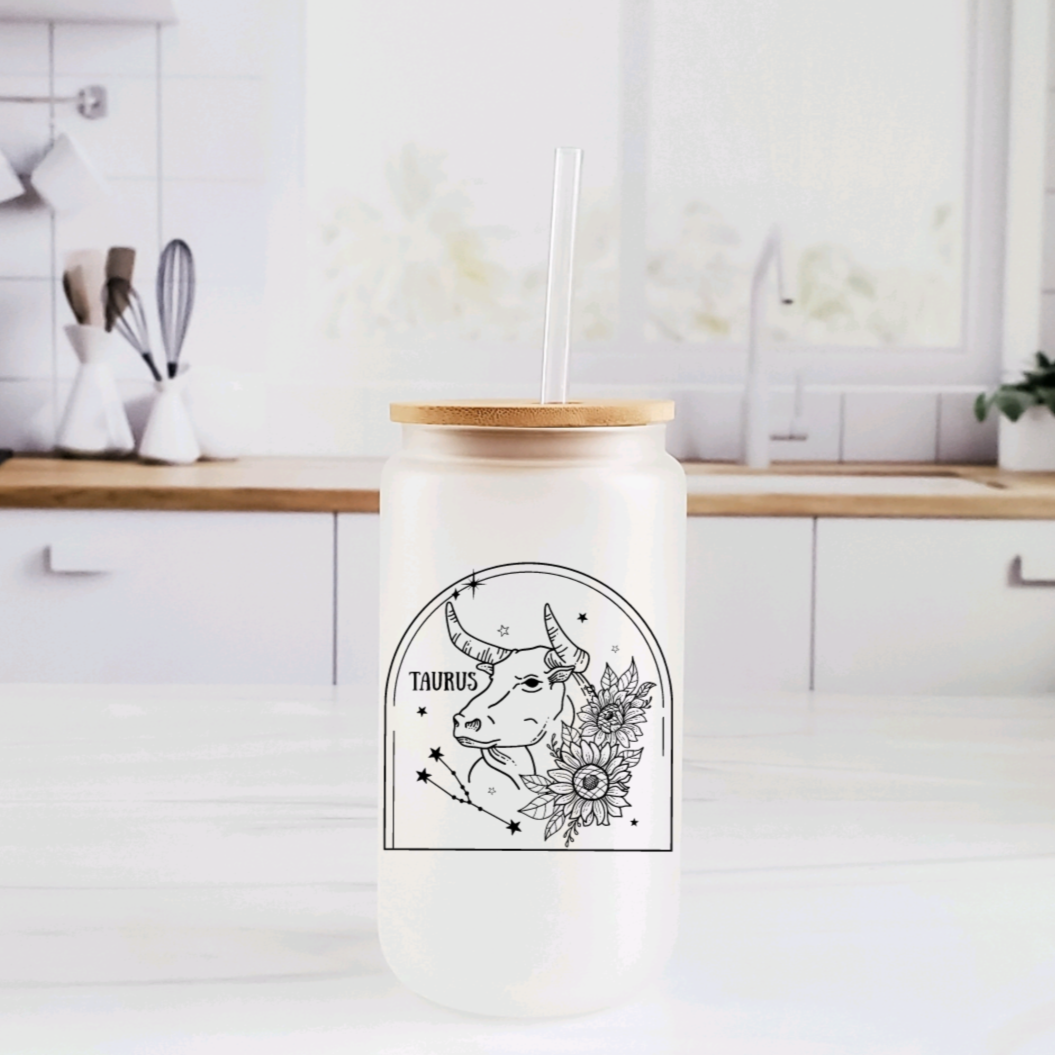 Zodiac Constellation Glass Can Cup with Bamboo Lid 16oz - Image 2