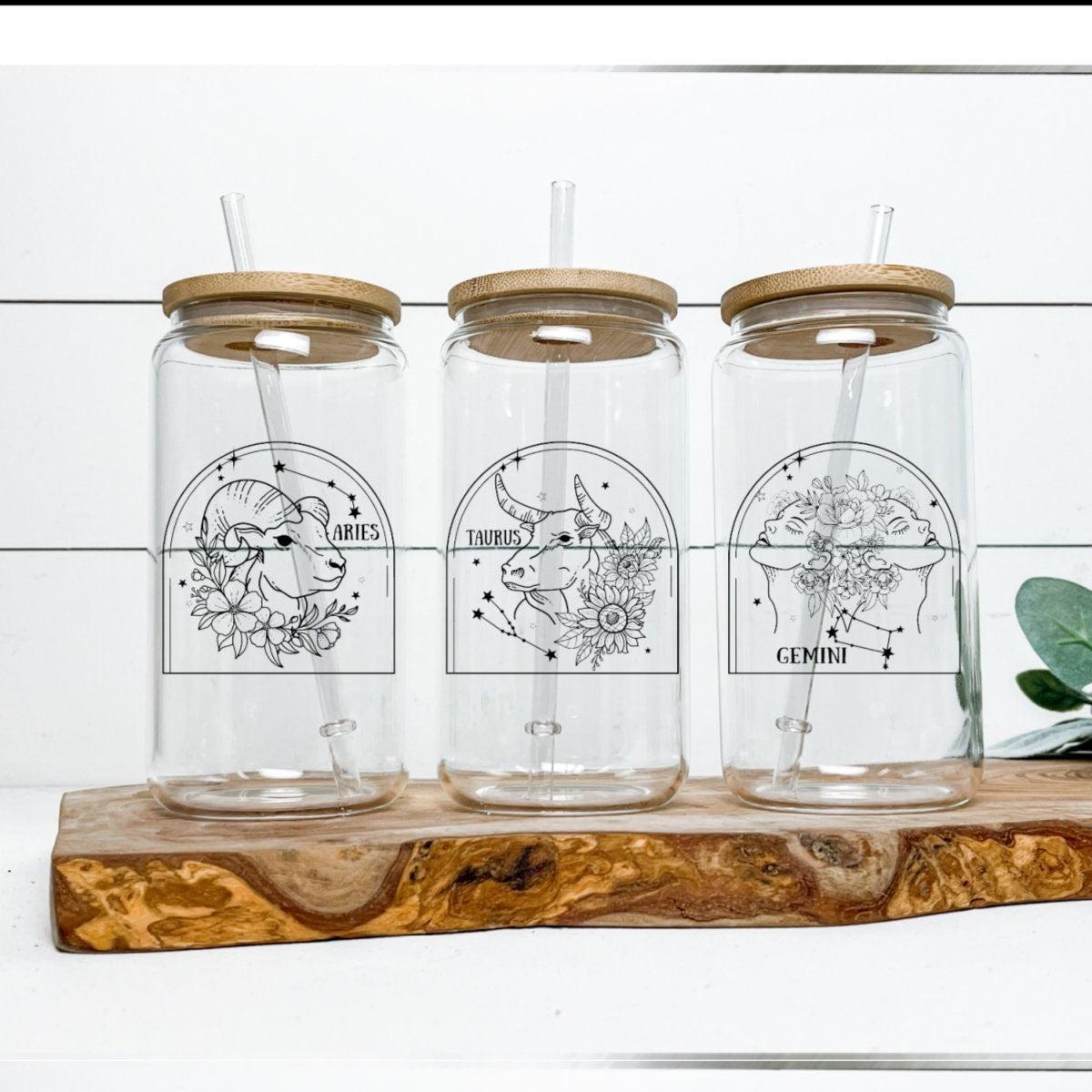 Zodiac Constellation Glass Can Cup with Bamboo Lid 16oz - Image 4