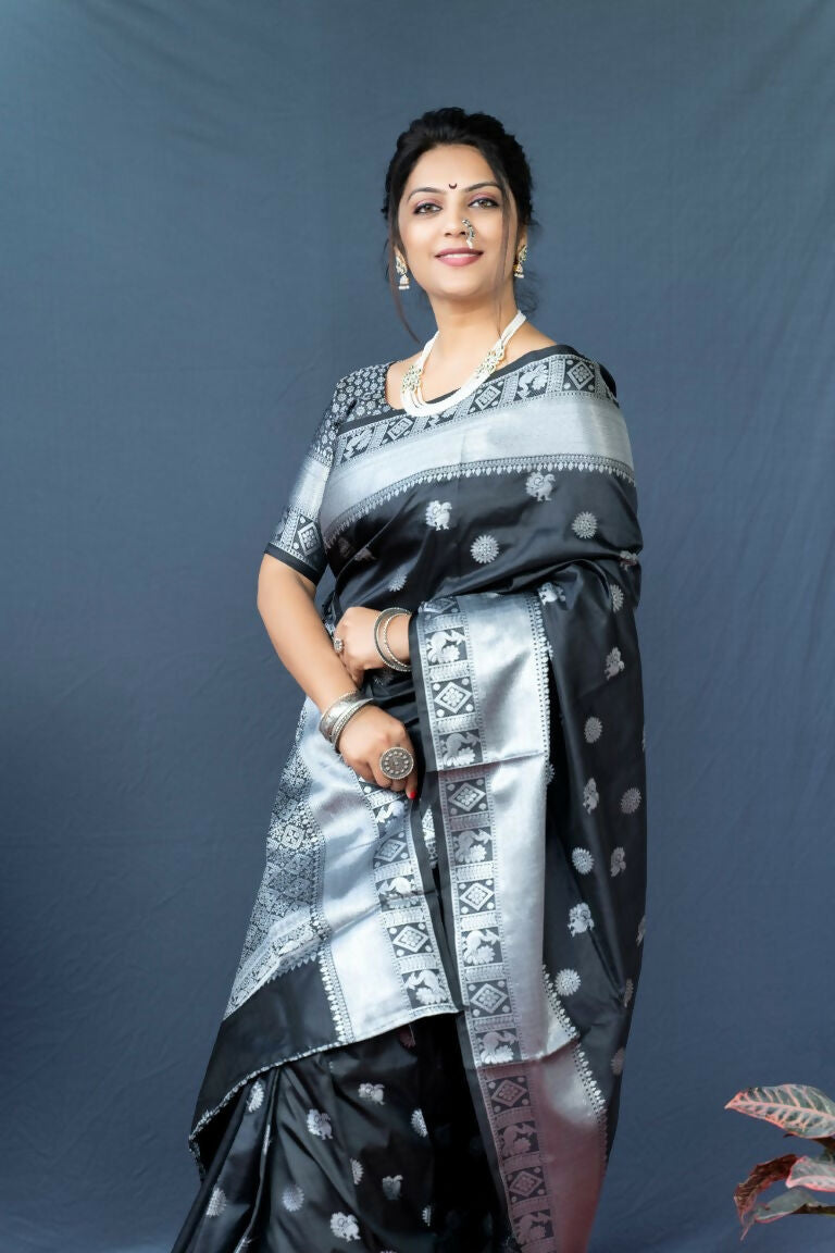Black Soft Banarasi Silk Saree with Zari Woven Border and Blouse
