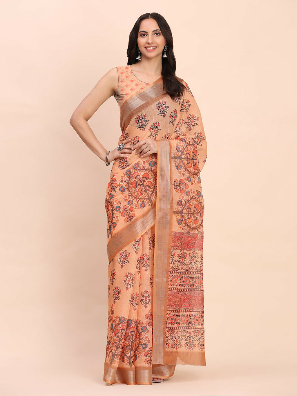 Orange Linen Cotton Saree with Matching Blouse Piece