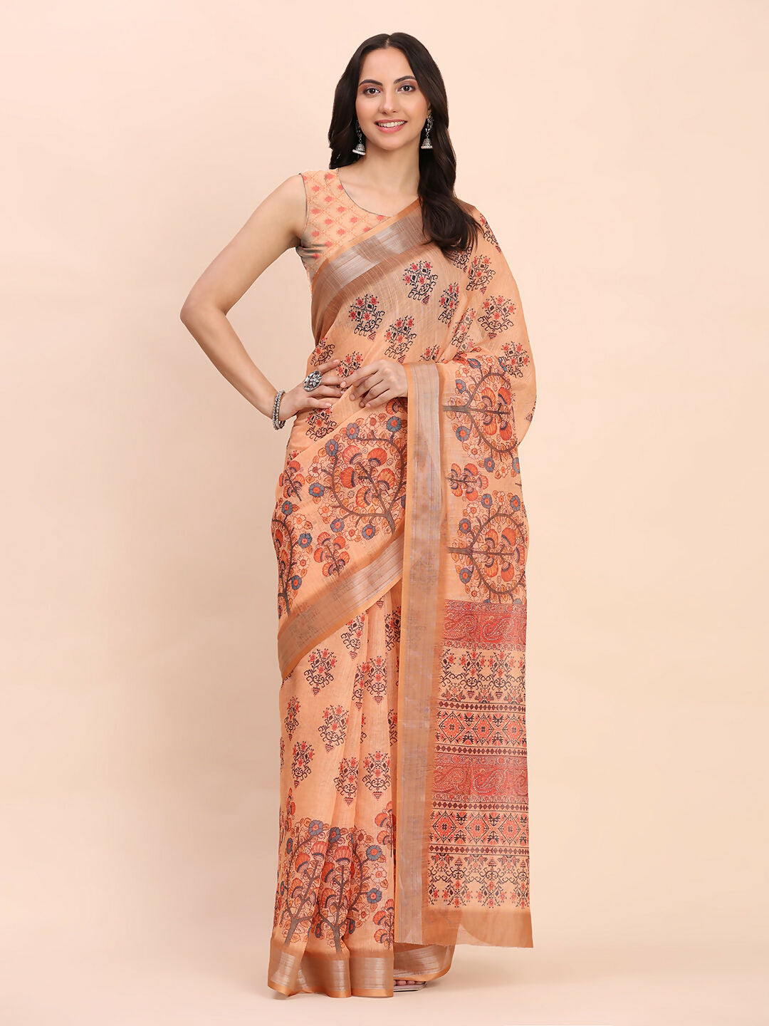 Orange Linen Cotton Saree with Matching Blouse Piece
