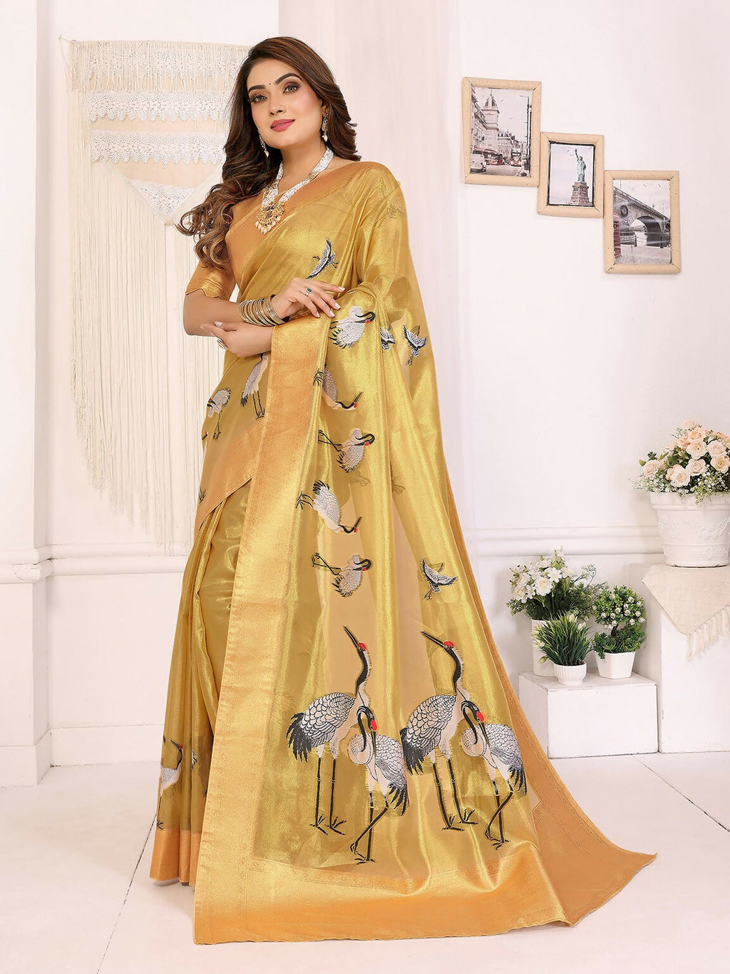 Golden Cranes Pattern Banarasi Silk Saree with Unstitched Blouse