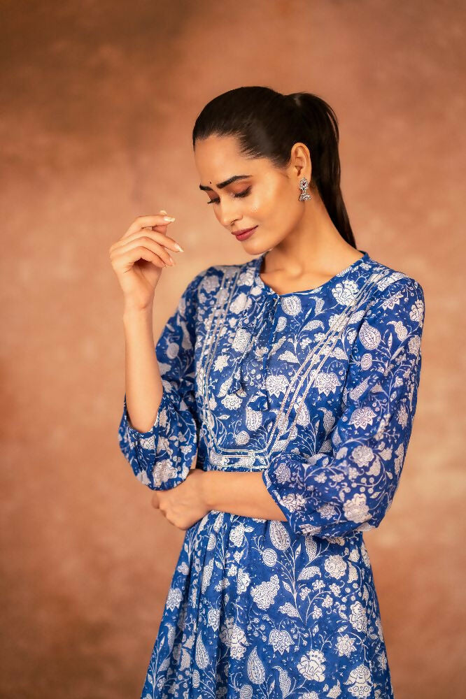 Blue Floral Hand Block Printed Cotton Kurta and Pant Set