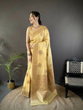 Yellow linen silk Banarasi saree with floral and paisley patterns