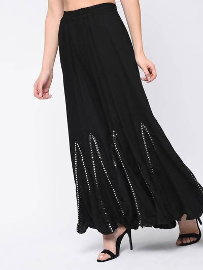Black Flared Palazzo Pants with Mirror Lace Work in Rayon Cotton