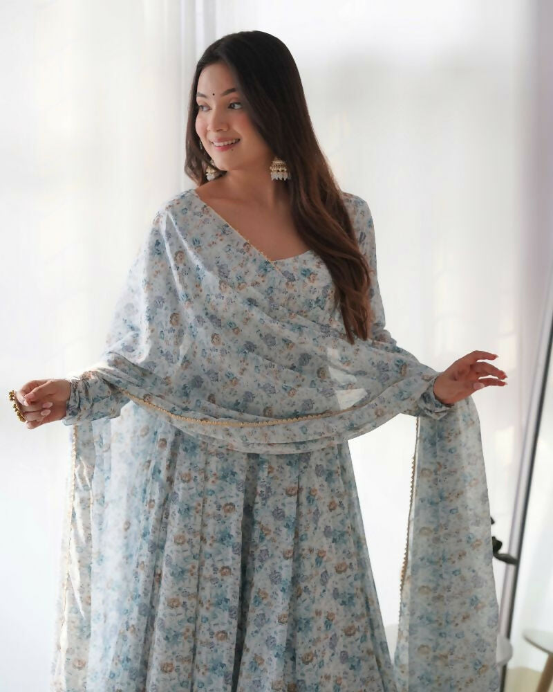 Sky Kurta Set in Organza with Sequin Embroidery and Cotton Bottom
