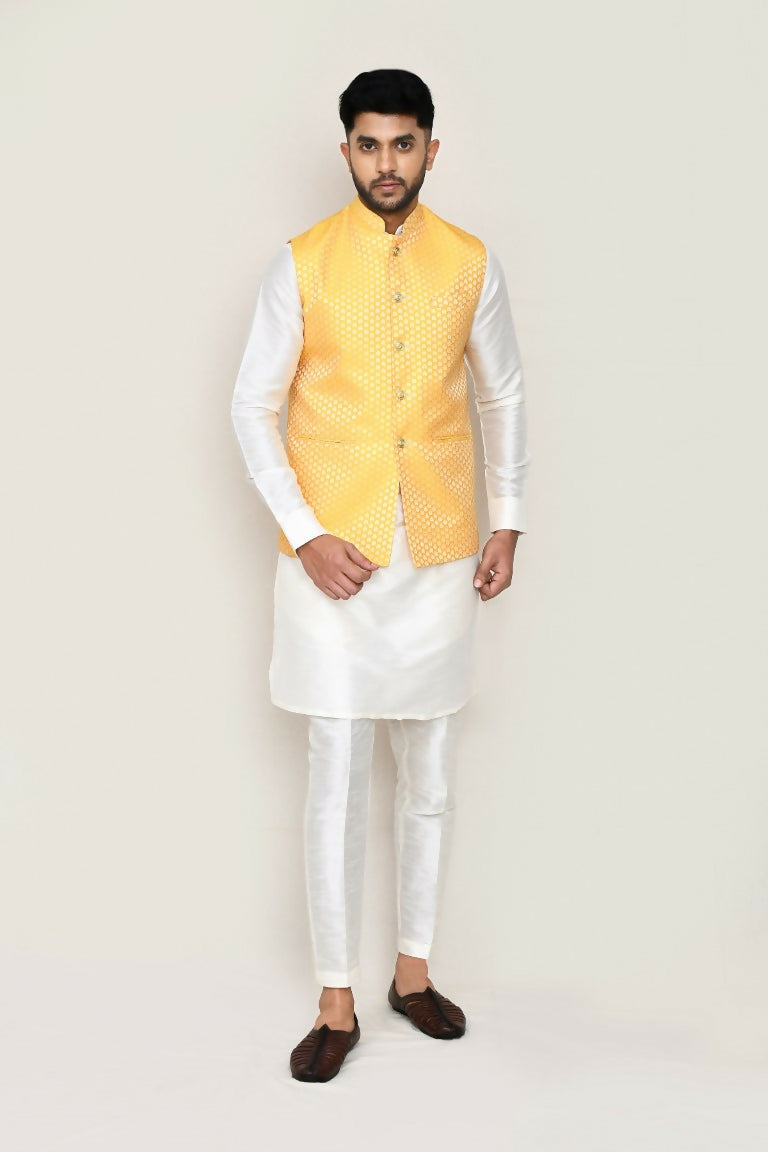 Elegant white 3-piece Art Silk ethnic set consisting of a kurta, jacket, and straight-fit pants