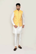 Elegant white 3-piece Art Silk ethnic set consisting of a kurta, jacket, and straight-fit pants
