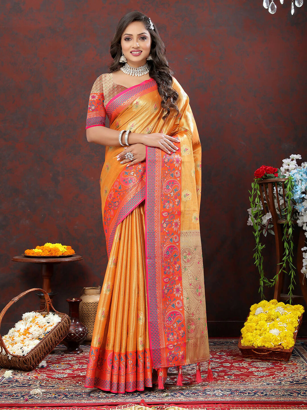 Orange Kanjivaram Silk Saree with Traditional Zari Woven Design