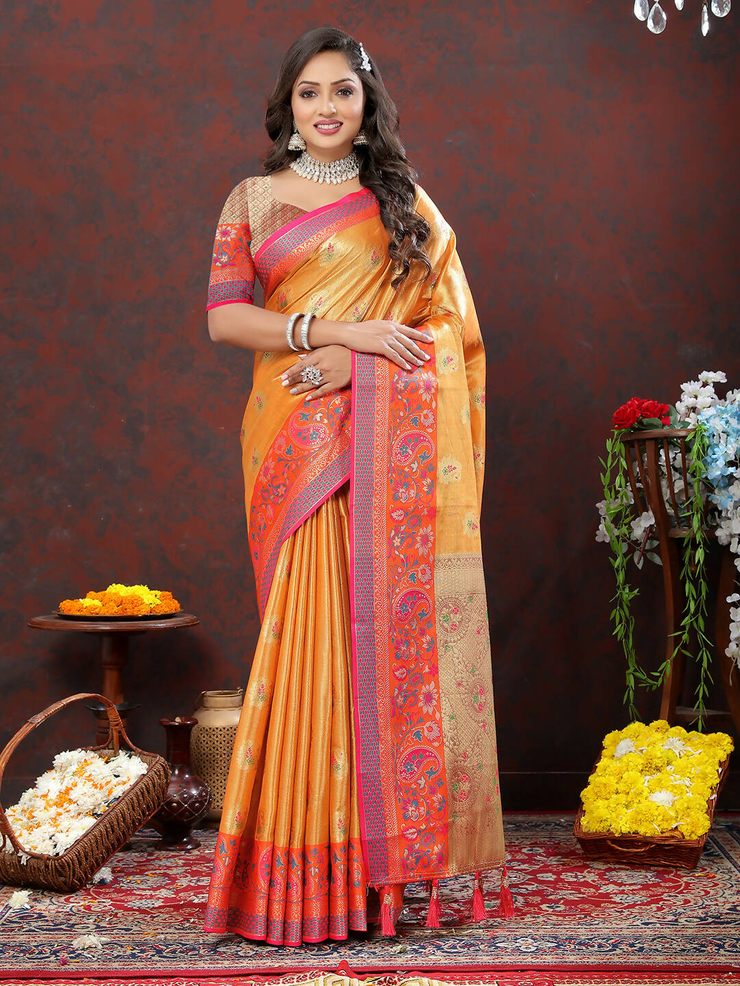 Orange Kanjivaram Silk Saree with Traditional Zari Woven Design