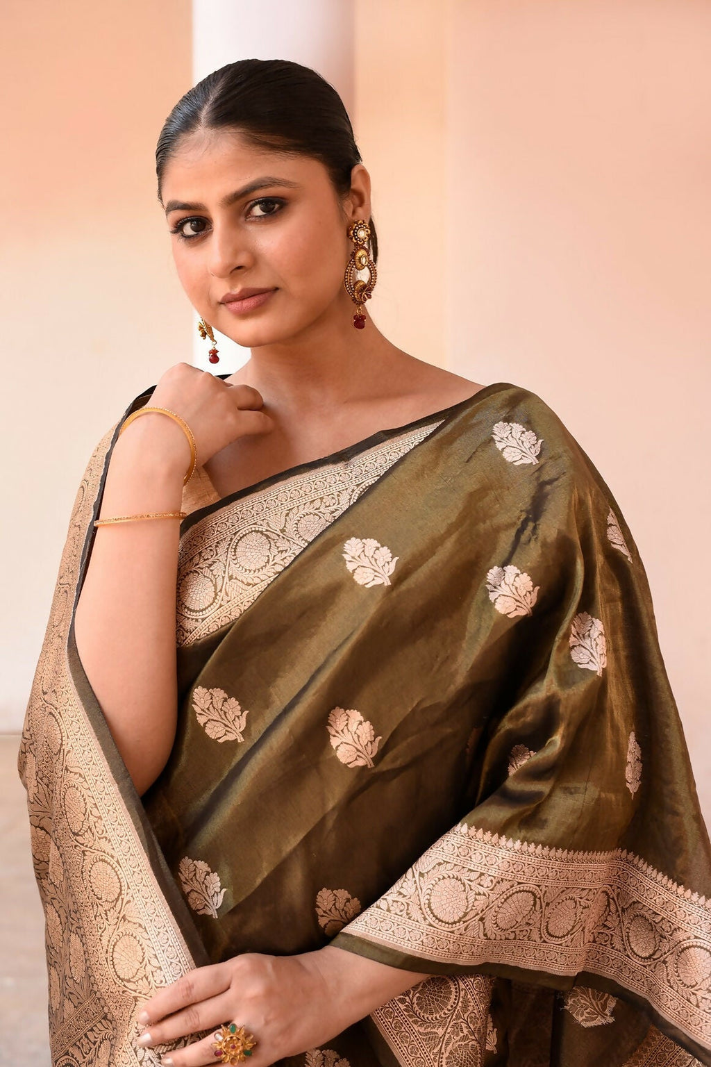 Olive Green Handloom Banarasi Katan Silk Saree