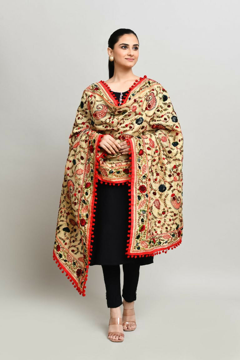 Multi Color Cotton Phulkari Dupatta with Traditional Embroidery