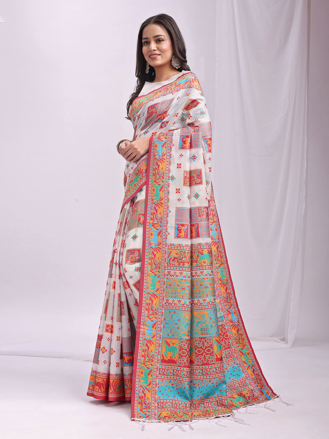 White Linen Cotton Saree with Elegant Woven Work & Blouse Piece