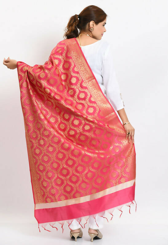 Pink Banarsi Silk Dupatta with Traditional All-Over Woven Design