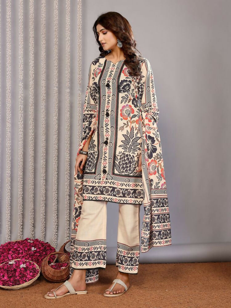 Cream Linen Printed Kurta Set with Notch Neck