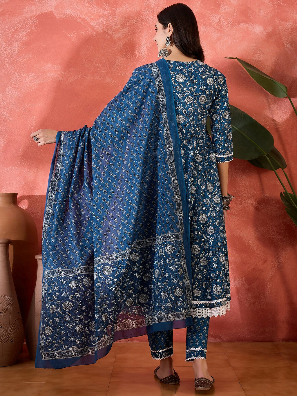 Women's Printed Blue Pure Cotton Kurta Set