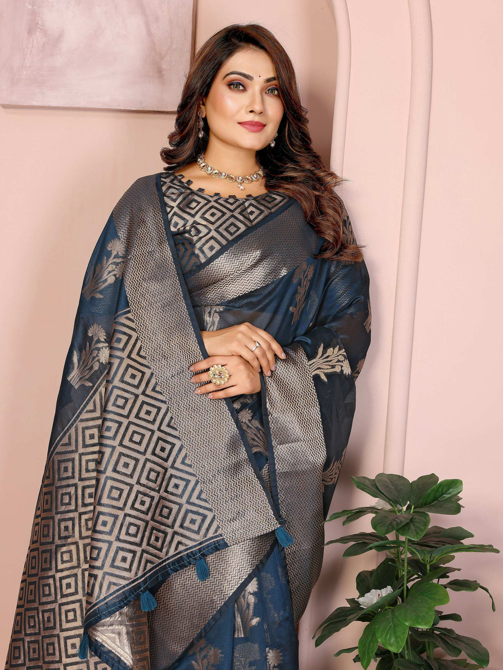 Teal Soft Organza Silk Weaving Saree with Elegant Drape