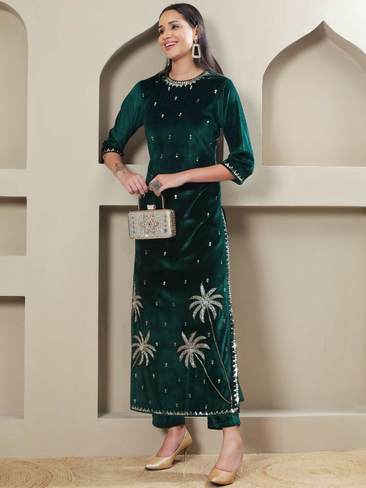 Women's Green Velvet Hand Embellishment Stitched Kurta Pant Set