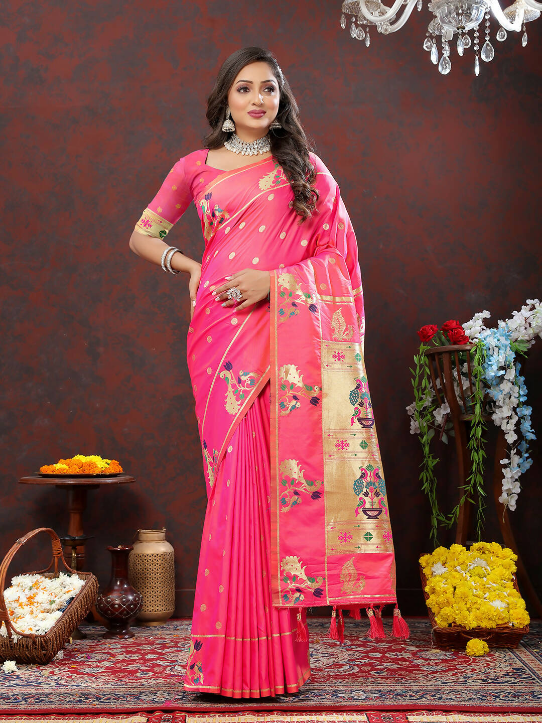 Lorenvalley Fashion Peach Soft Paithani Silk Woven Design Gold Zari Meenakari Weaving Saree