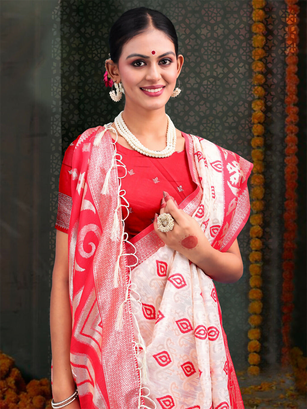 Devistuti Red and White Linen Cotton Saree with Blouse