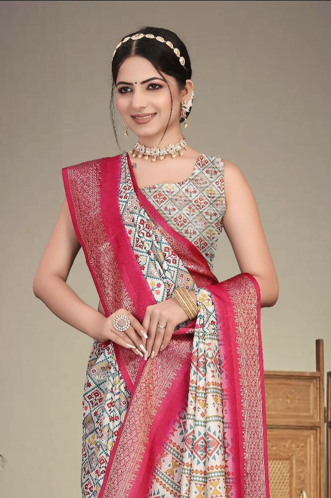 Multi-Color Cotton Silk Saree with Digital Print and Jacquard