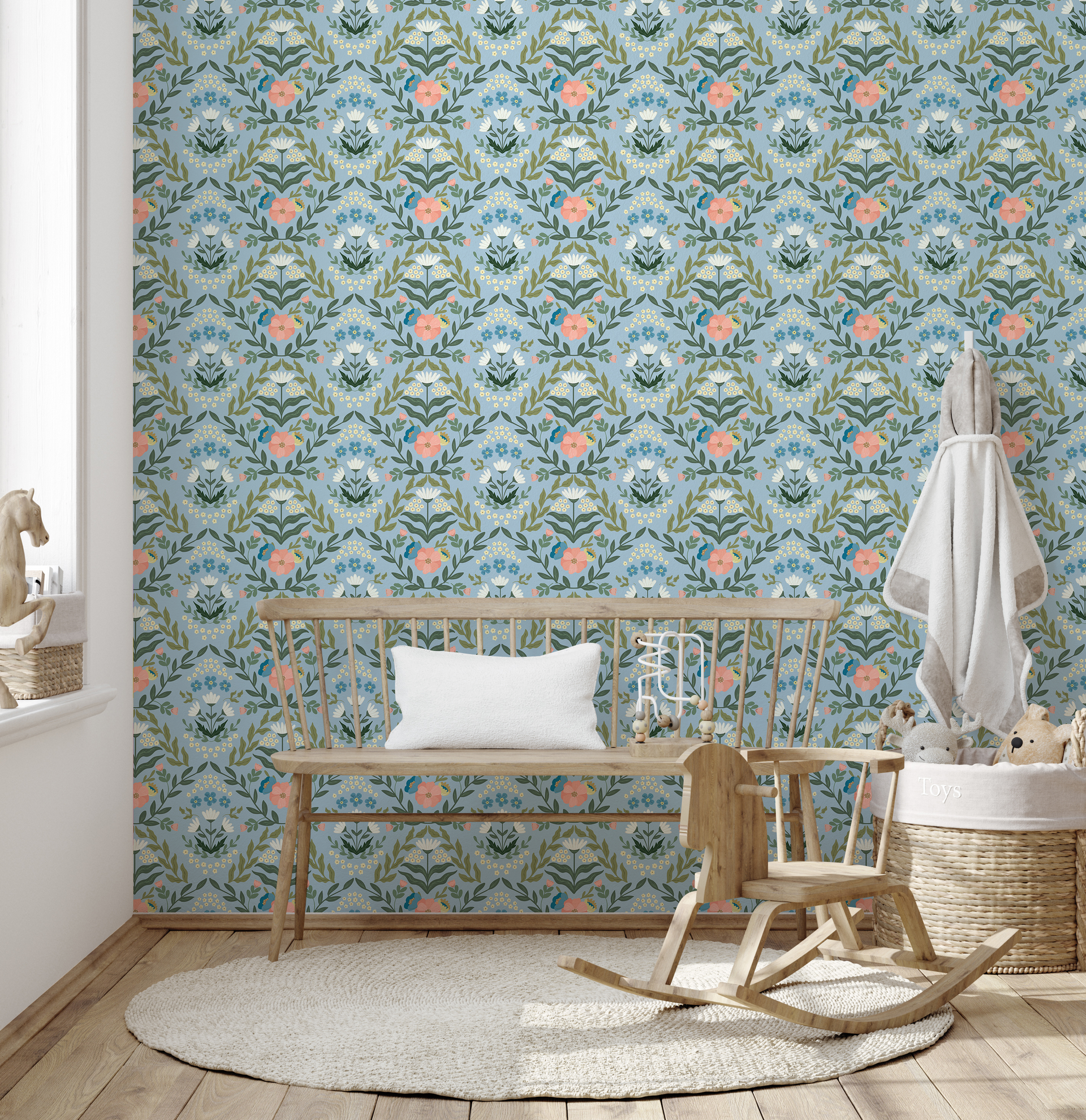 Zuri Floral Wallpaper in Green, Blue, Pink and White
