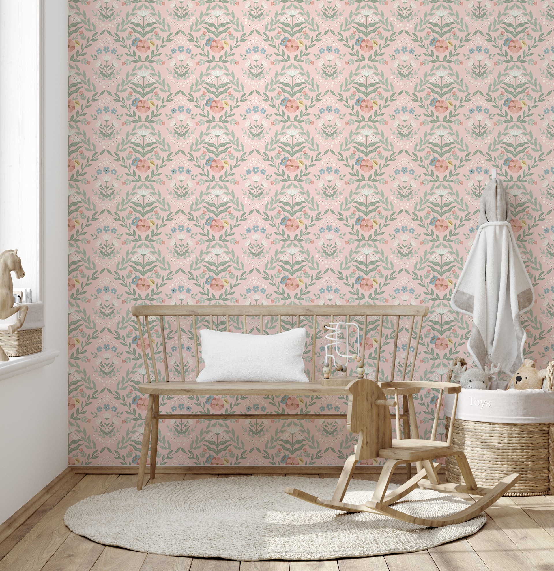 Zuri Floral Wallpaper in Green, Blue, Pink and White