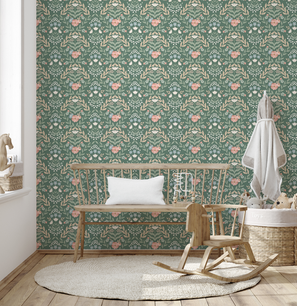 Zuri Floral Wallpaper in Green, Blue, Pink and White
