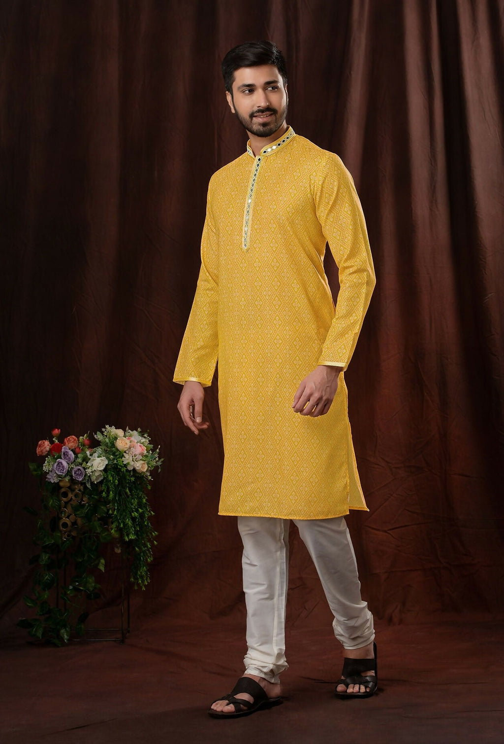 Baby boy wearing a yellow Art Silk kurta with off-white pyjamas for ethnic festivities