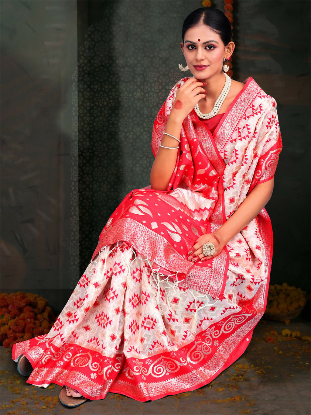 Devistuti Red & White Linen Cotton Saree with Matching Blouse