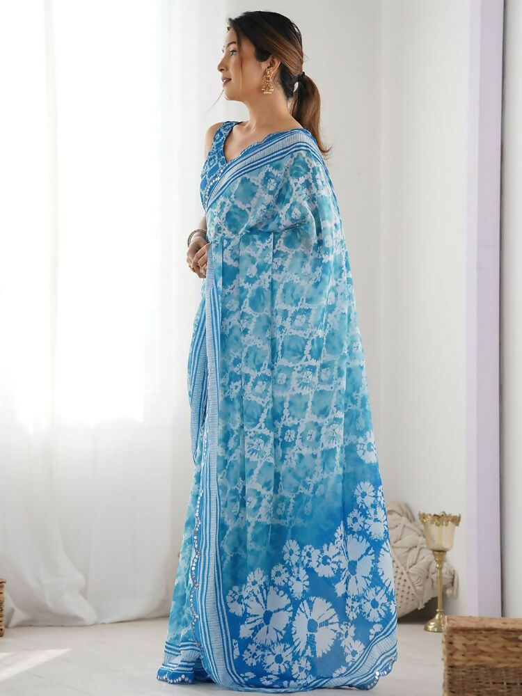 Sky Georgette Digital Print Saree with Mirror Work
