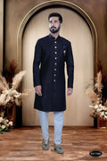 Elegant blue TR fabric kurta and pyjama set for boys, ideal for festive occasions.