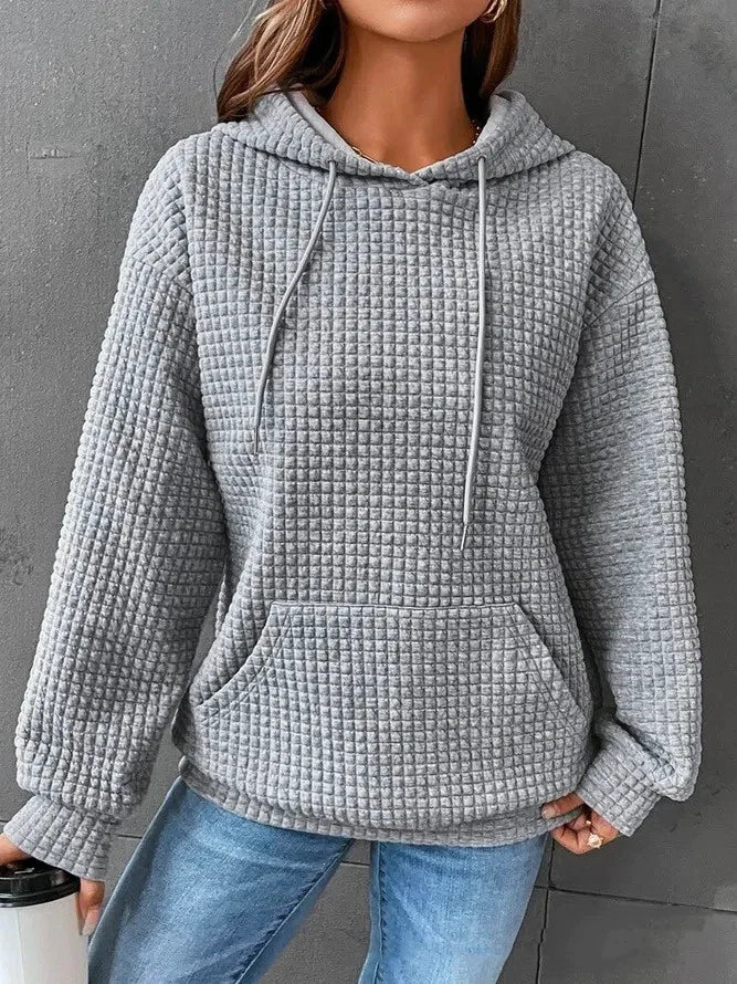 Women's Loose Casual Long Sleeve Waffle Knit Hooded Sweatshirt
