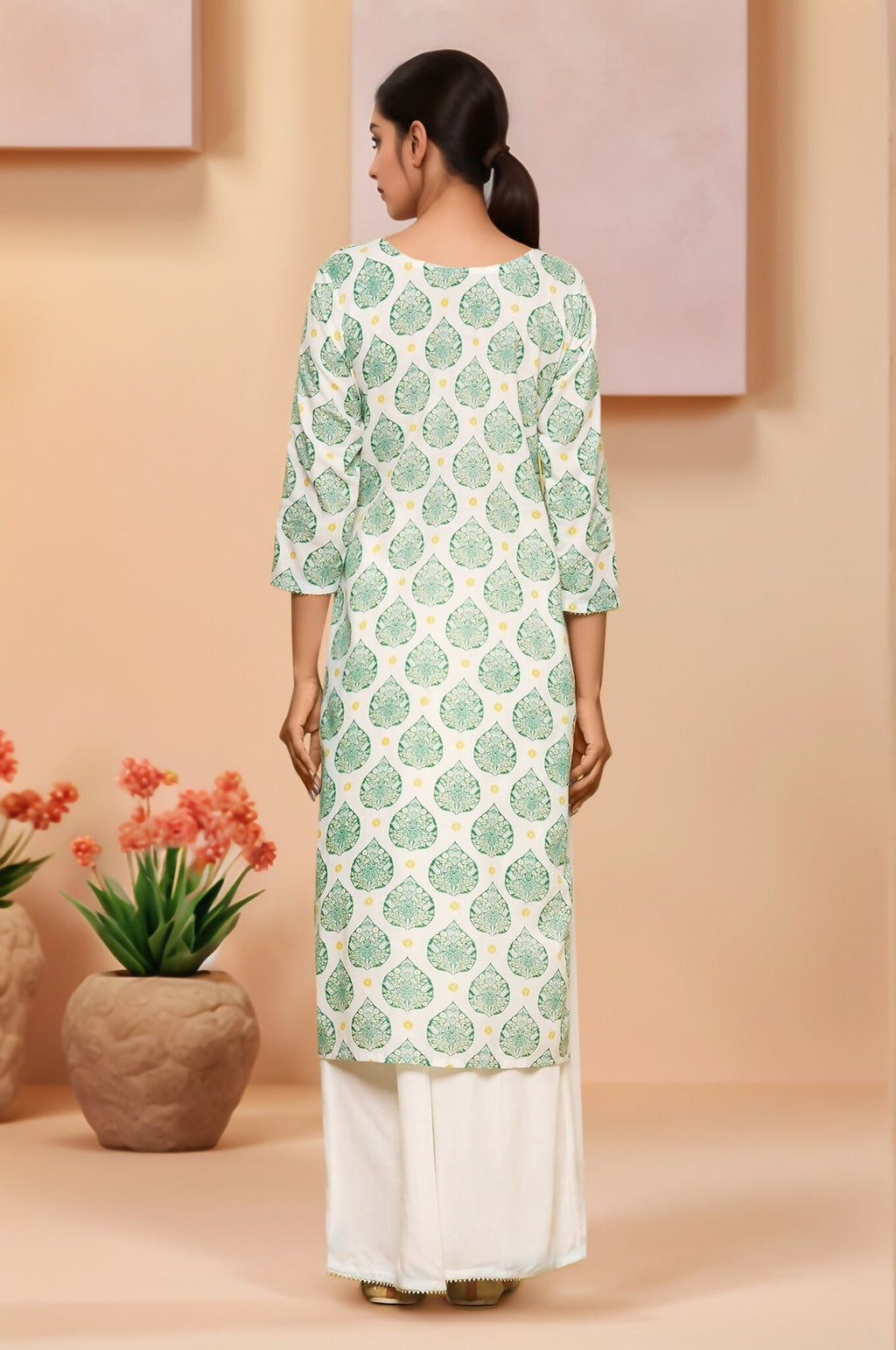 White Leaves Printed Cotton Kurti and Matching Palazzo Set