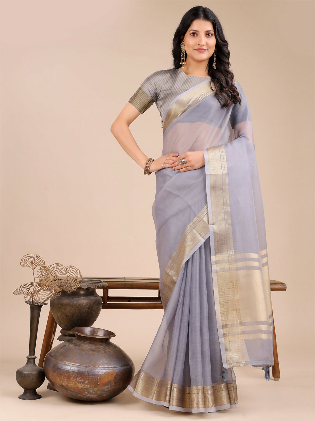Seoul Grey Organza Saree with matching organza blouse fabric