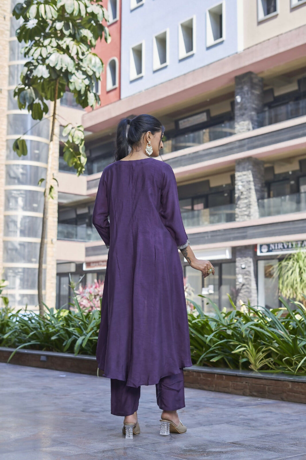 Purple Printed Dola Silk Handwork Kurta Set with Cotton Lining