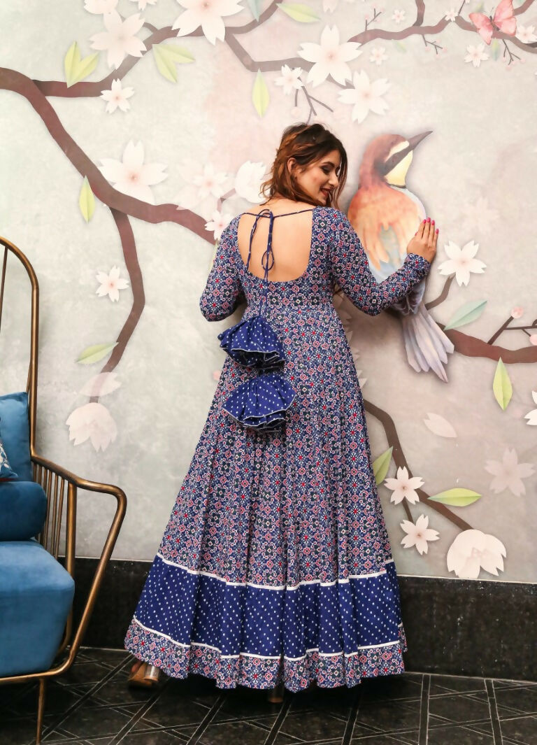Women's Navy Blue Geometric Print Cotton Silk Anarkali Dress