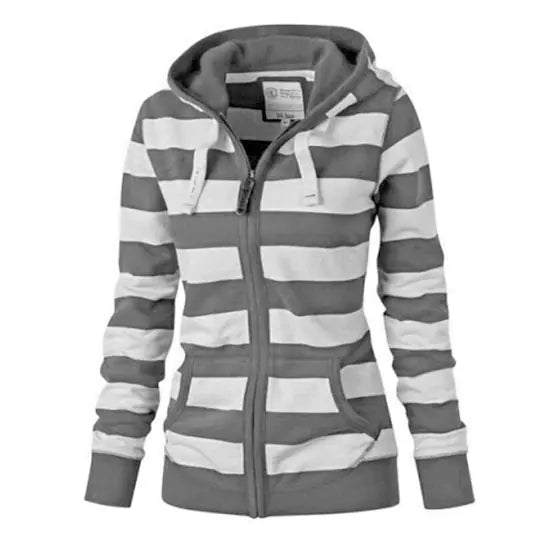 Women's Black and White Striped Zip-Up Hoodie Sweatshirt - Image 19
