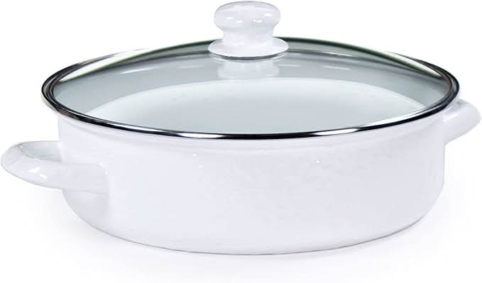 Solid White 3 quart Golden Rabbit Enamelware Saute Pan with tempered glass lid